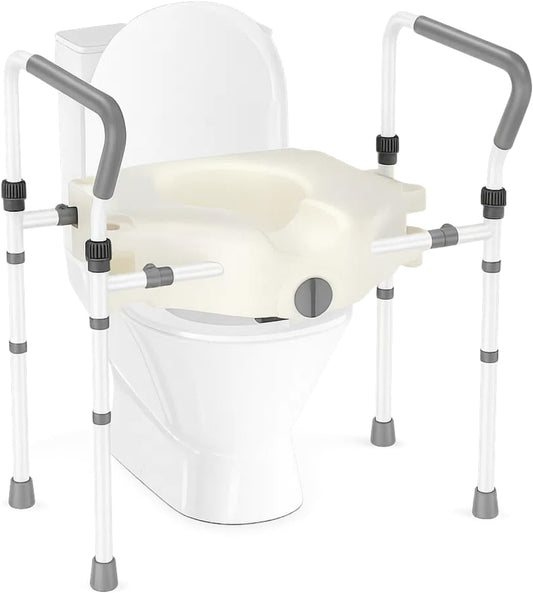Raised Toilet Seat with Armrests, Width and Height Adjustable, Comfortable Raised Toilet Seat Raiser for Bathroom Safety for People with Limited Mobility