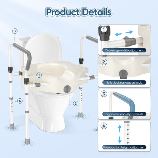 Raised Toilet Seat with Armrests, Width and Height Adjustable, Comfortable Raised Toilet Seat Raiser for Bathroom Safety for People with Limited Mobility