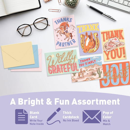 Thank You Cards with Envelopes - Blank Stylish sheets for Handwritten Messages - Set of 24 decor notes and covers - Assorted Greeting Cards with Stylish Color Envelopes to Mix & Match