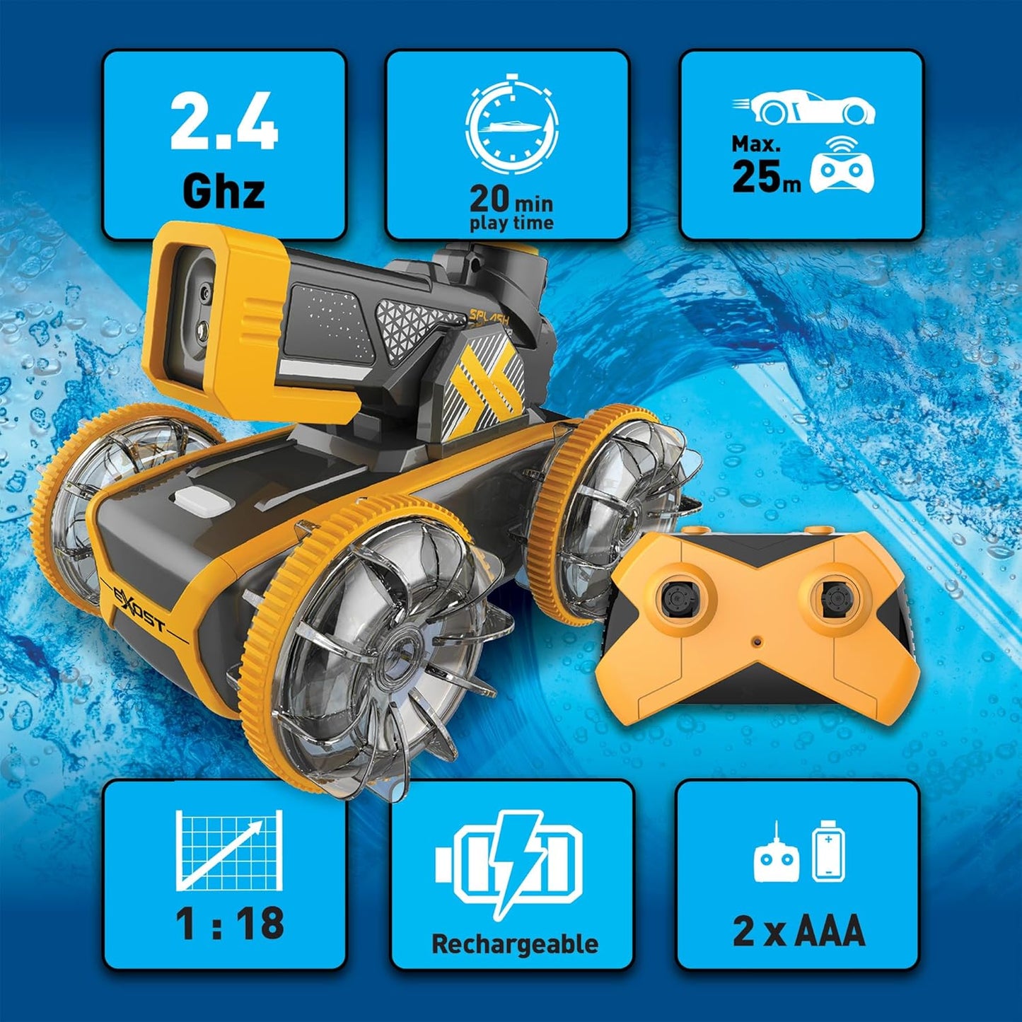 Exost Hydro Blast RC Car for Kids with Water Blaster and Dual Land and Water Mode | Shoots Water up to 5 Metres with Auto Refill | 2 Speed Settings, 2.4GHz Remote, Rechargeable Battery 5+