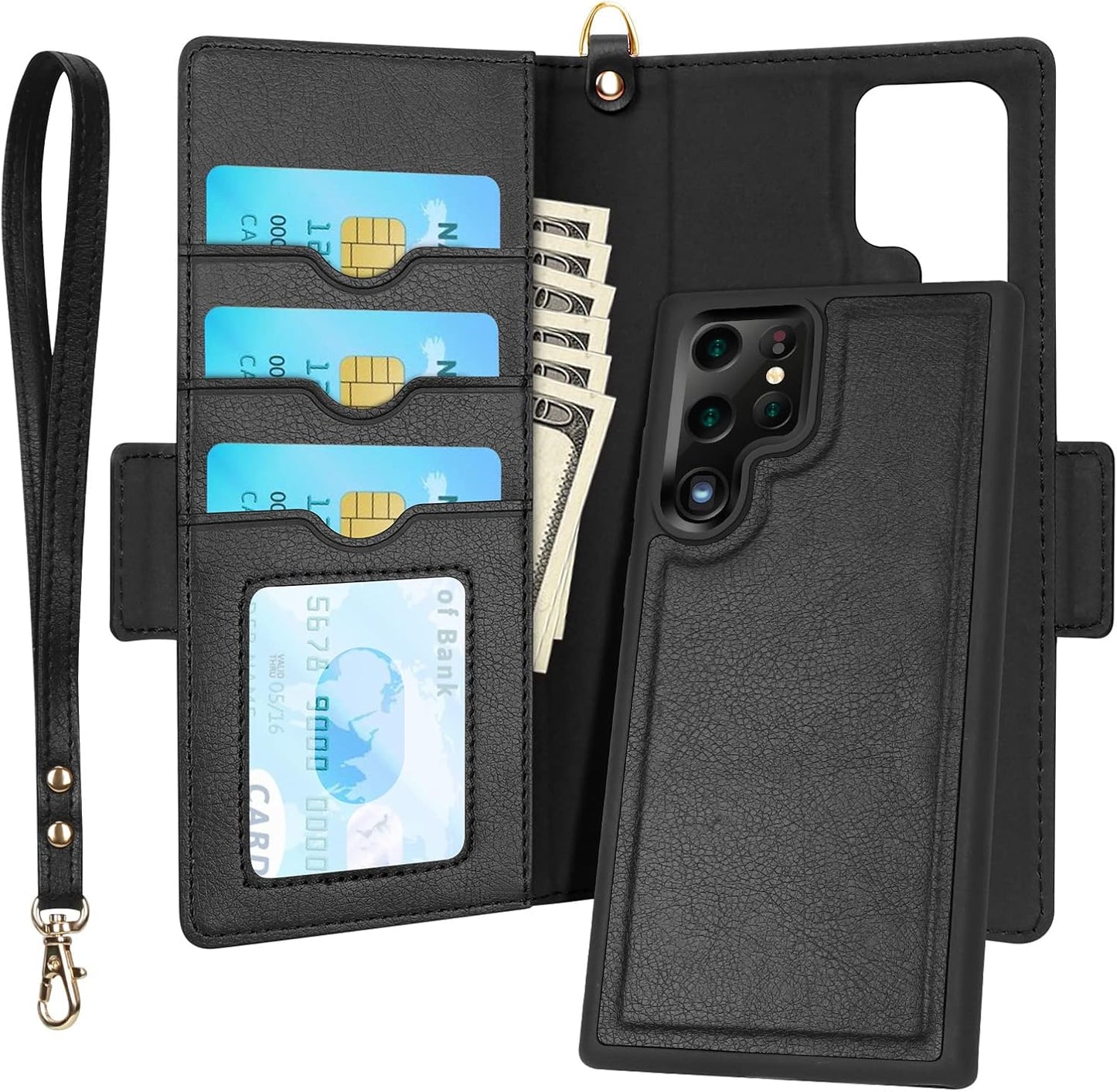 Skycase Samsung Galaxy S22 Ultra 5G Case,[Magnetic Detachable] [Kickstand] S22 Ultra Flip Folio Wallet Case with Card Slots and Detachable Hand Strap for Galaxy S22 Ultra 6.8" 2022,Black