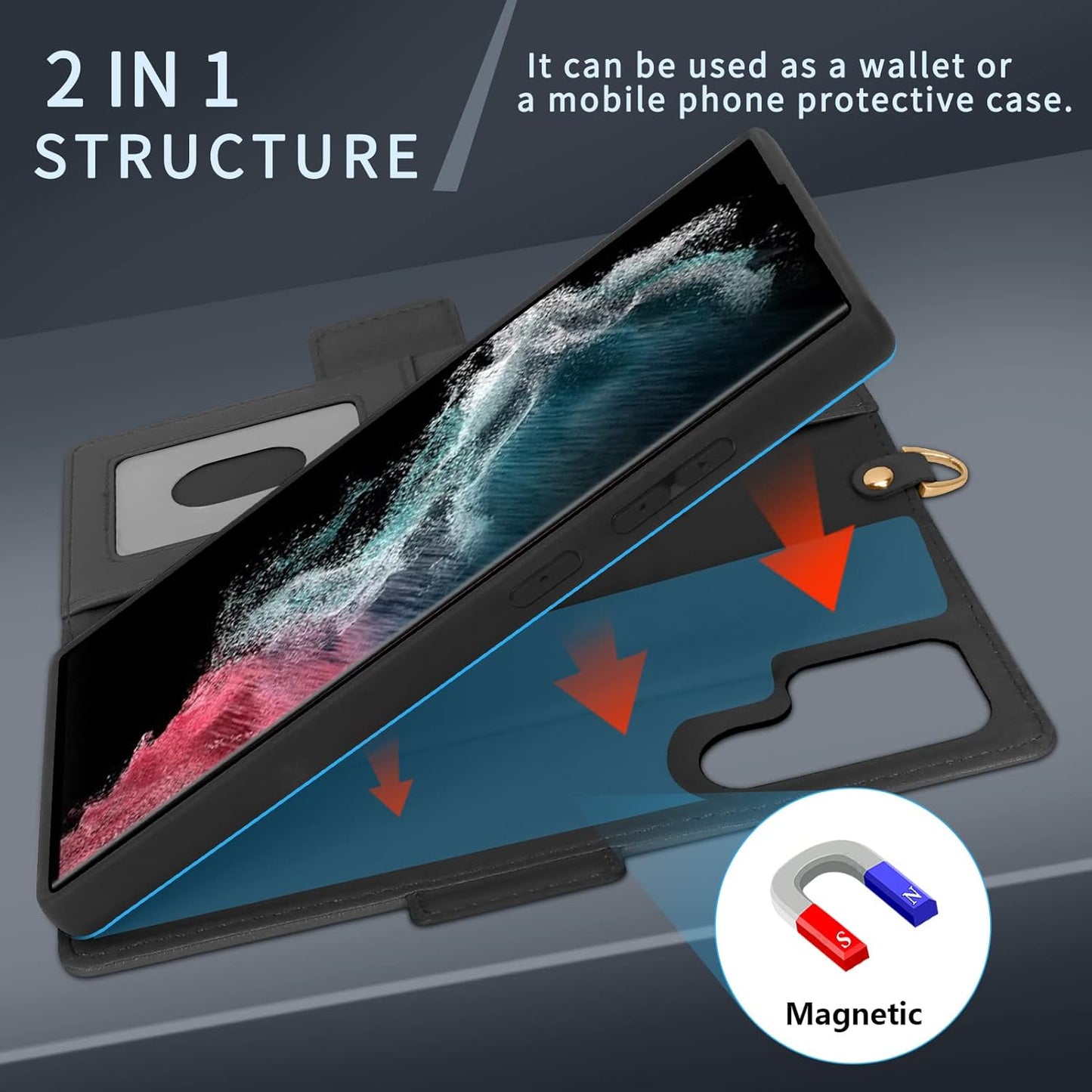 Skycase Samsung Galaxy S22 Ultra 5G Case,[Magnetic Detachable] [Kickstand] S22 Ultra Flip Folio Wallet Case with Card Slots and Detachable Hand Strap for Galaxy S22 Ultra 6.8" 2022,Black