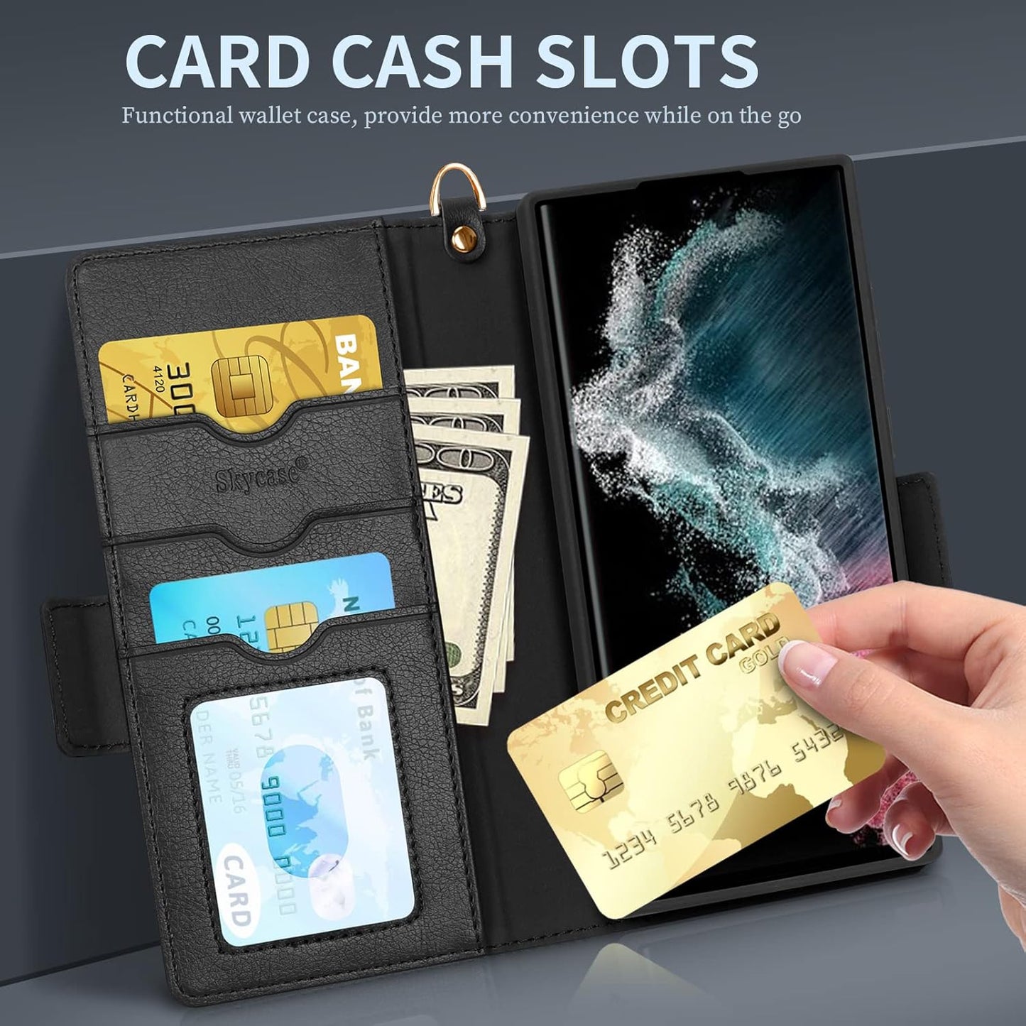 Skycase Samsung Galaxy S22 Ultra 5G Case,[Magnetic Detachable] [Kickstand] S22 Ultra Flip Folio Wallet Case with Card Slots and Detachable Hand Strap for Galaxy S22 Ultra 6.8" 2022,Black