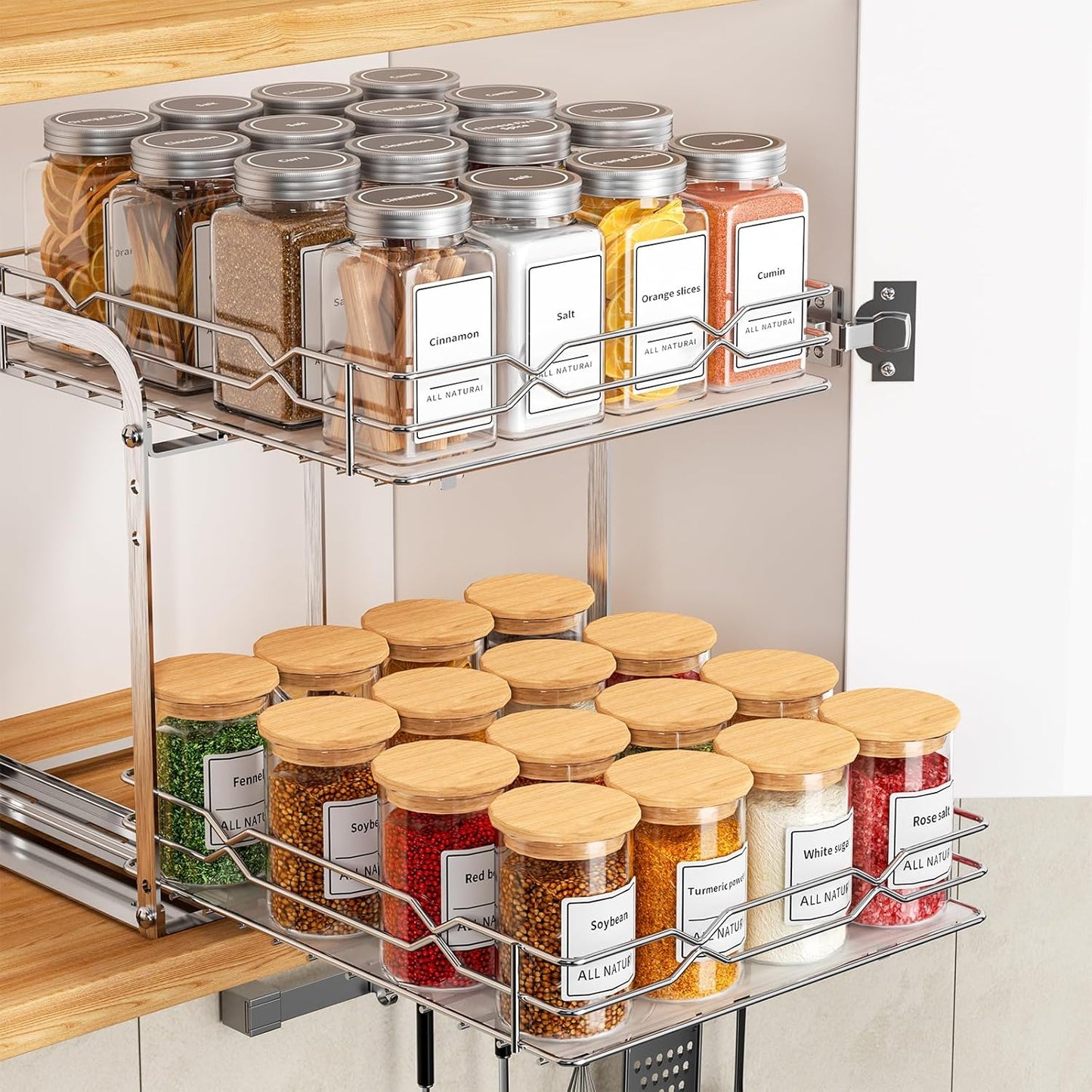 Spice Rack for Inside Cupboard, Pull Out Cabinet Organiser, 2-Tier Spice Rack, Adjustable Height Stainless Steel Spice Organiser, Kitchen Cupboard Storage for Spice Bottles
