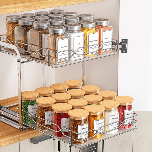 Spice Rack for Inside Cupboard, Pull Out Cabinet Organiser, 2-Tier Spice Rack, Adjustable Height Stainless Steel Spice Organiser, Kitchen Cupboard Storage for Spice Bottles