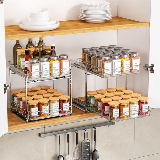 Spice Rack for Inside Cupboard, Pull Out Cabinet Organiser, 2-Tier Spice Rack, Adjustable Height Stainless Steel Spice Organiser, Kitchen Cupboard Storage for Spice Bottles
