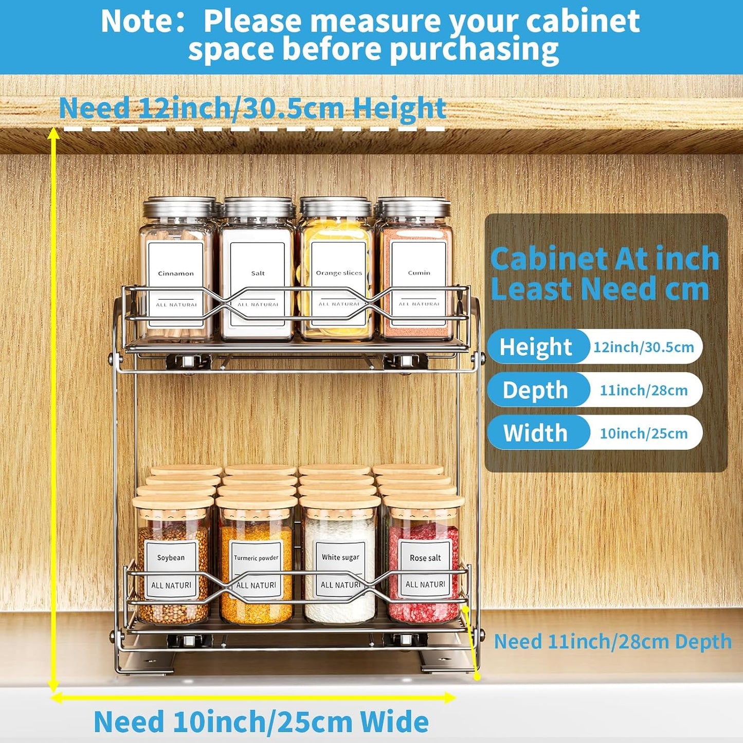 Spice Rack for Inside Cupboard, Pull Out Cabinet Organiser, 2-Tier Spice Rack, Adjustable Height Stainless Steel Spice Organiser, Kitchen Cupboard Storage for Spice Bottles