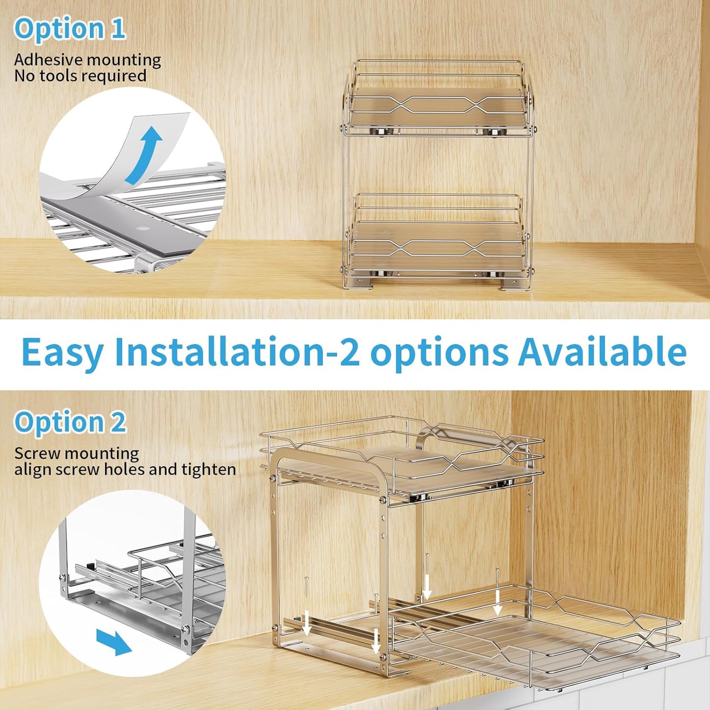 Spice Rack for Inside Cupboard, Pull Out Cabinet Organiser, 2-Tier Spice Rack, Adjustable Height Stainless Steel Spice Organiser, Kitchen Cupboard Storage for Spice Bottles