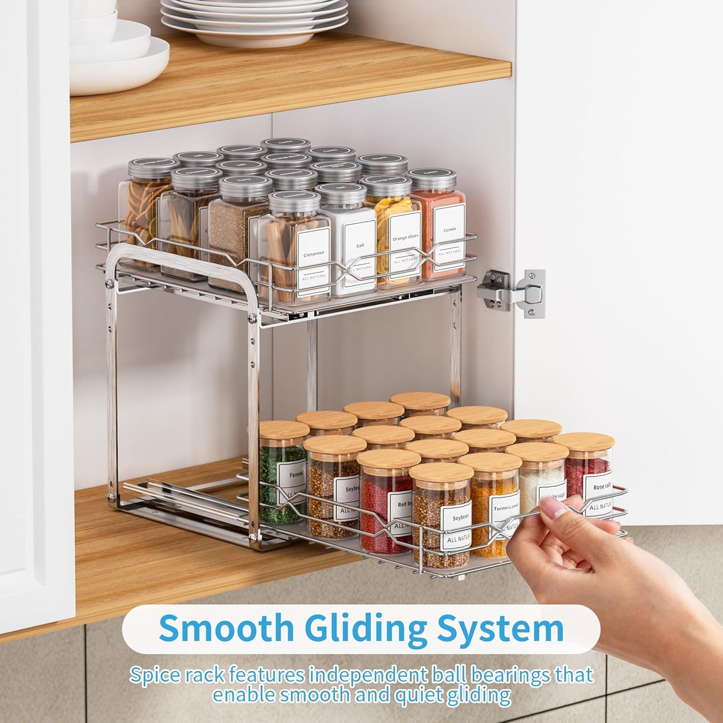 Spice Rack for Inside Cupboard, Pull Out Cabinet Organiser, 2-Tier Spice Rack, Adjustable Height Stainless Steel Spice Organiser, Kitchen Cupboard Storage for Spice Bottles