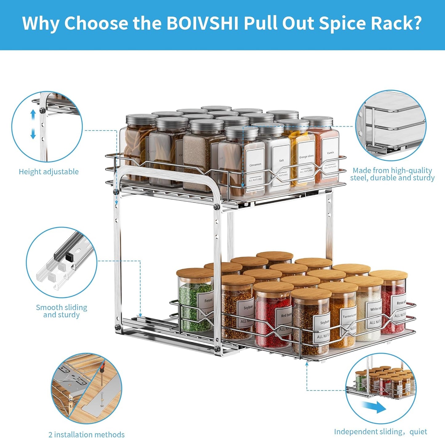 Spice Rack for Inside Cupboard, Pull Out Cabinet Organiser, 2-Tier Spice Rack, Adjustable Height Stainless Steel Spice Organiser, Kitchen Cupboard Storage for Spice Bottles