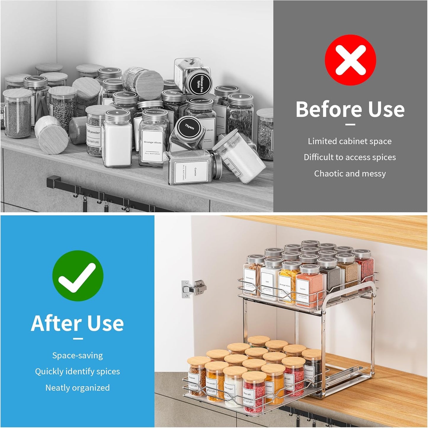 Spice Rack for Inside Cupboard, Pull Out Cabinet Organiser, 2-Tier Spice Rack, Adjustable Height Stainless Steel Spice Organiser, Kitchen Cupboard Storage for Spice Bottles