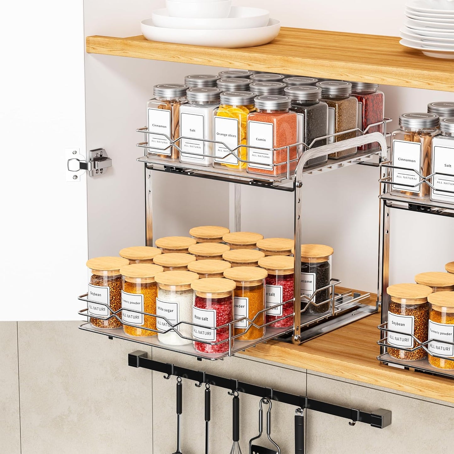 Spice Rack for Inside Cupboard, Pull Out Cabinet Organiser, 2-Tier Spice Rack, Adjustable Height Stainless Steel Spice Organiser, Kitchen Cupboard Storage for Spice Bottles