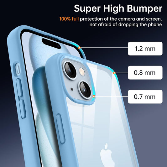 Supdeal Shockproof Clear Case for iPhone 15, [Not Yellowing] [10FT Military Drop Protection] Hard Clear Back Silicone Edge Four Corner Airbags Drop Protection Phone Cover, 6.1 inch, Light Blue
