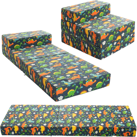 Tri-Folding Futon Set, Comfy Toddler Chair, Kids Couch Fold Out to Mattress, Foldable Baby Sofa Plush for Girl and Boy （Dinosaur）