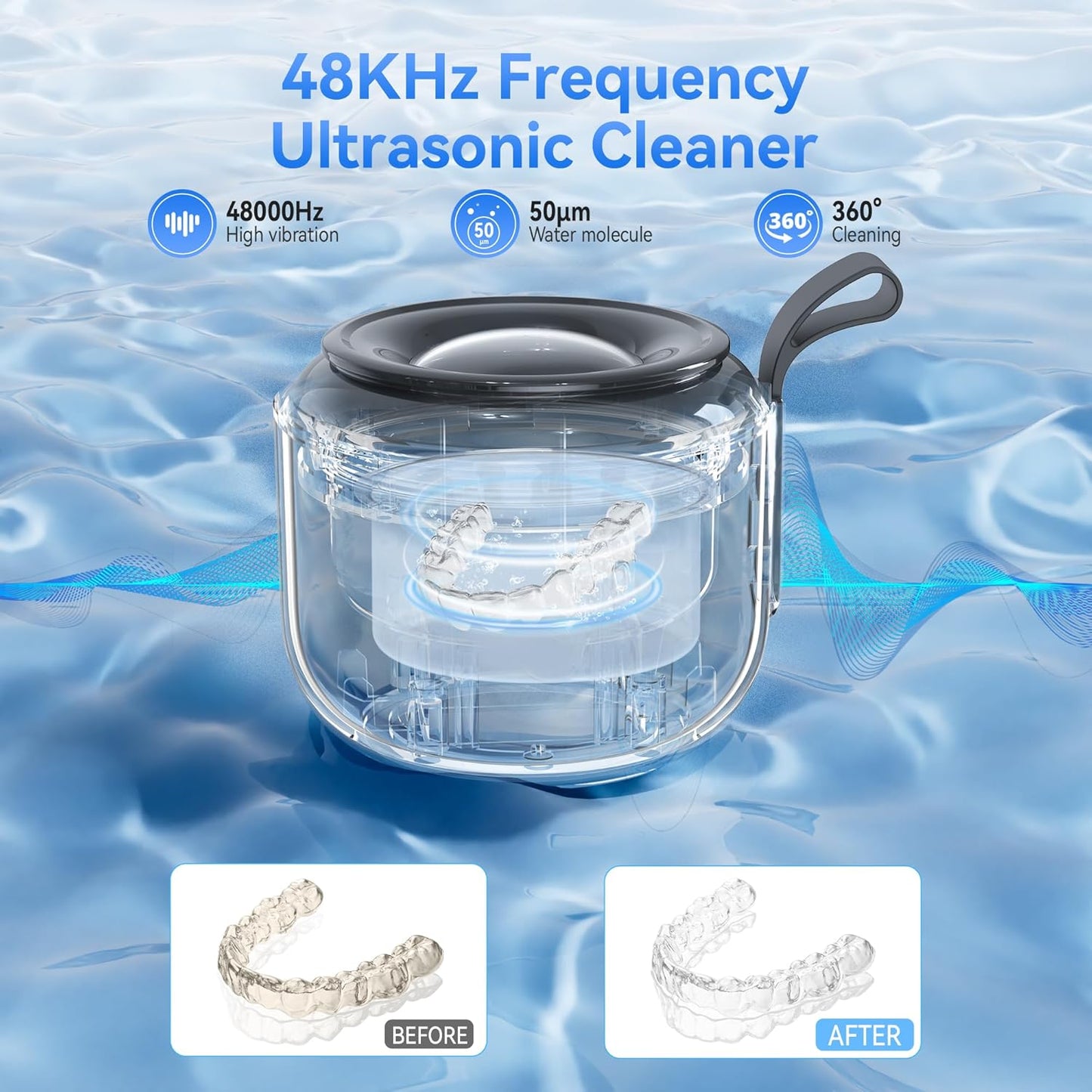 Ultrasonic Retainer Cleaner Machine, 45kHz Portable Dental Cleaning for Dentures Cleaner, Mouth Guard Cleaner, Night Guard Cleaner, Aligner Cleaner, Jewelry Cleaner, Toothbrush Heads