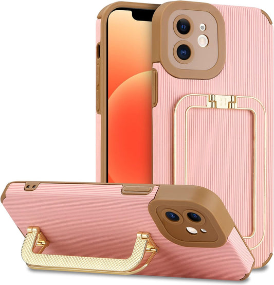 Vunake for iPhone 12 Case iPhone 12 Pro Case with Kickstand Luxury Metal Foldable Stand Case for Girls Shockproof Soft TPU Bumper Case Anti-Scratch Protective Case Cover for iPhone 12/12 Pro-Pink