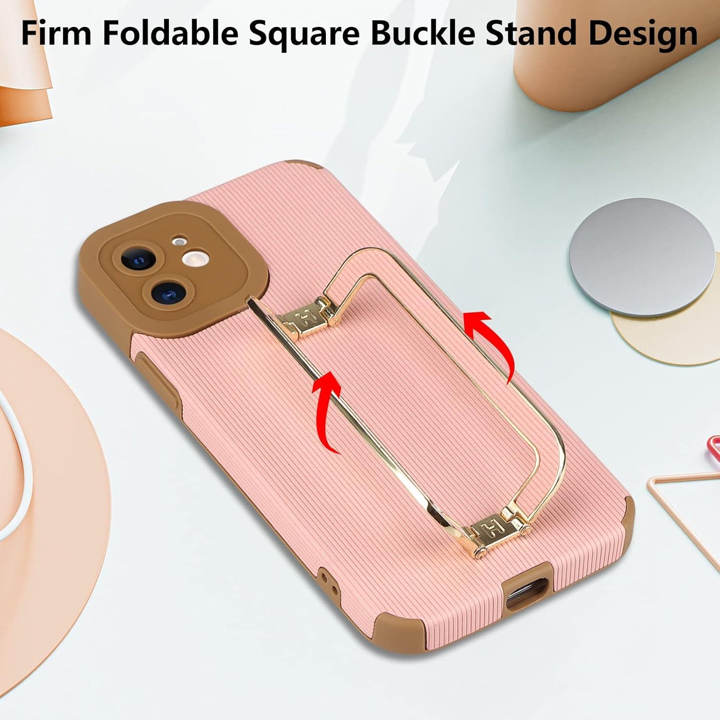 Vunake for iPhone 12 Case iPhone 12 Pro Case with Kickstand Luxury Metal Foldable Stand Case for Girls Shockproof Soft TPU Bumper Case Anti-Scratch Protective Case Cover for iPhone 12/12 Pro-Pink