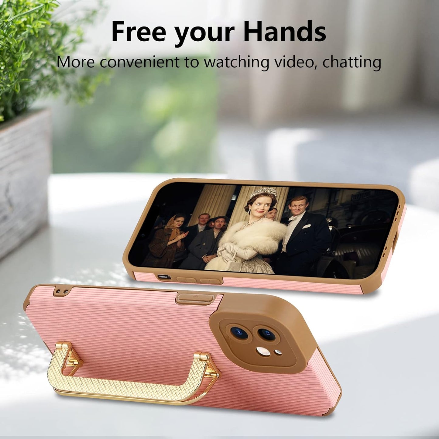 Vunake for iPhone 12 Case iPhone 12 Pro Case with Kickstand Luxury Metal Foldable Stand Case for Girls Shockproof Soft TPU Bumper Case Anti-Scratch Protective Case Cover for iPhone 12/12 Pro-Pink