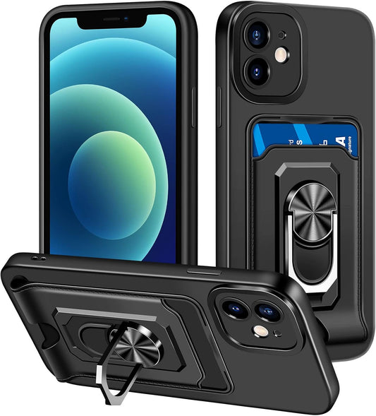 iPhone 12 Case with Card Holder Slot iPhone 12 Wallet Case with Ring Kickstand Shockproof Case Ultra Slim Thin Soft Silicone Bumper Protective Case Phone Case Cover for iPhone 12 (Black)