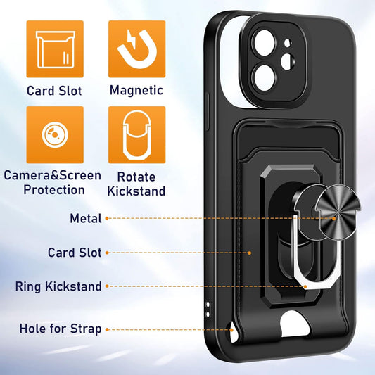 iPhone 12 Case with Card Holder Slot iPhone 12 Wallet Case with Ring Kickstand Shockproof Case Ultra Slim Thin Soft Silicone Bumper Protective Case Phone Case Cover for iPhone 12 (Black)
