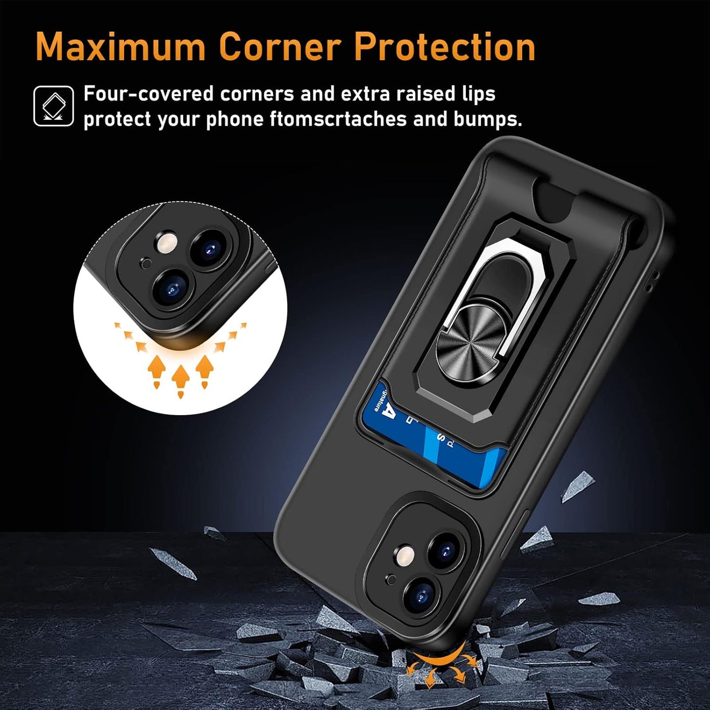 iPhone 12 Case with Card Holder Slot iPhone 12 Wallet Case with Ring Kickstand Shockproof Case Ultra Slim Thin Soft Silicone Bumper Protective Case Phone Case Cover for iPhone 12 (Black)