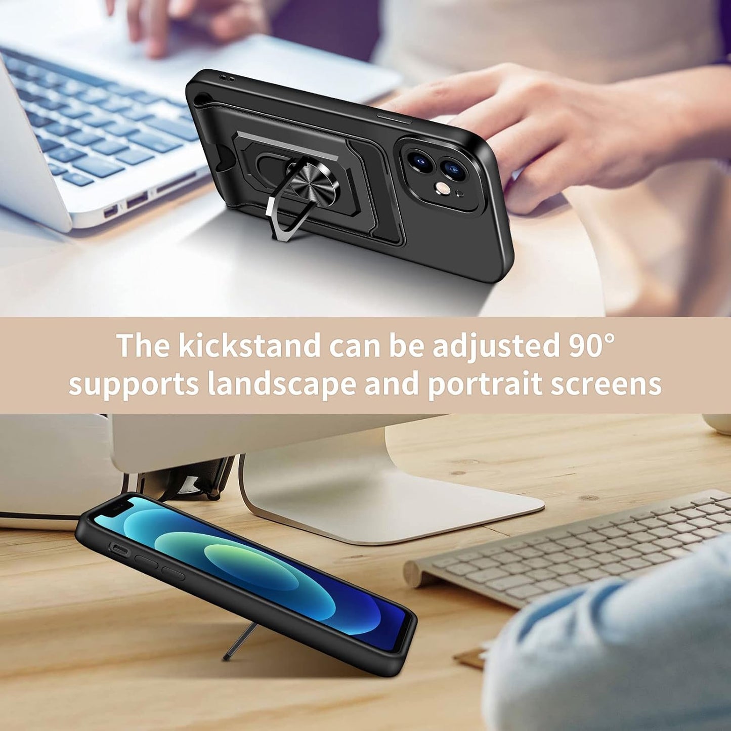iPhone 12 Case with Card Holder Slot iPhone 12 Wallet Case with Ring Kickstand Shockproof Case Ultra Slim Thin Soft Silicone Bumper Protective Case Phone Case Cover for iPhone 12 (Black)
