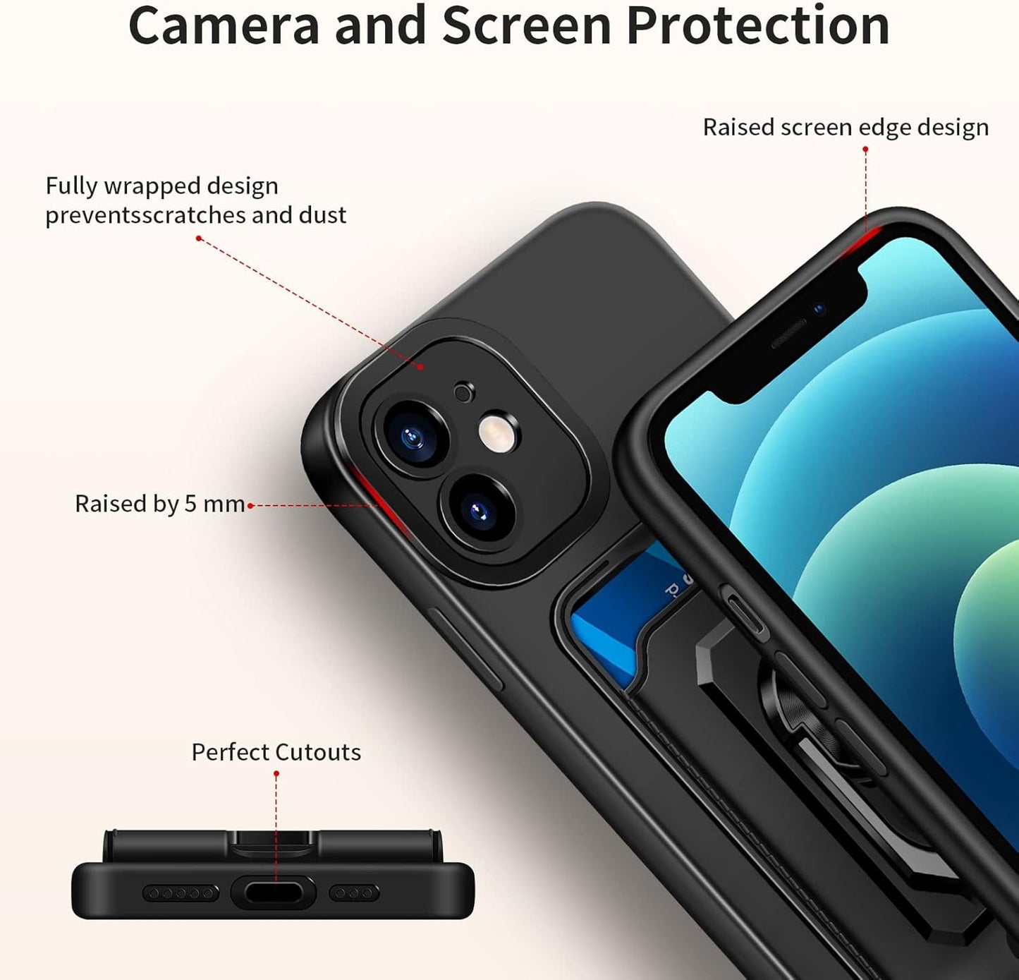 iPhone 12 Case with Card Holder Slot iPhone 12 Wallet Case with Ring Kickstand Shockproof Case Ultra Slim Thin Soft Silicone Bumper Protective Case Phone Case Cover for iPhone 12 (Black)