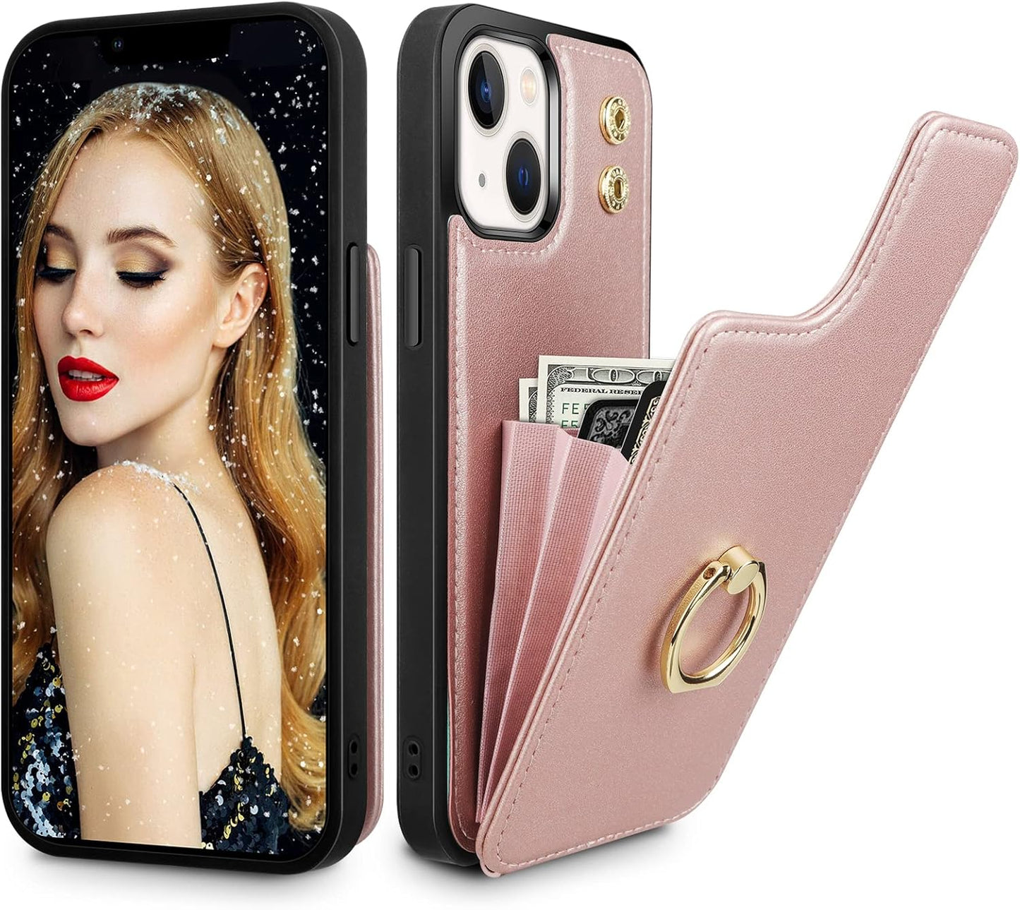 Vunake for iPhone 13 Case with Card Holder Wallet Case with Ring Kickstand PU Leather Phone Case for Women Girls TPU Shockproof Bumper Case RFID Blocking Protective Case Cover for iPhone 13-Rosegold