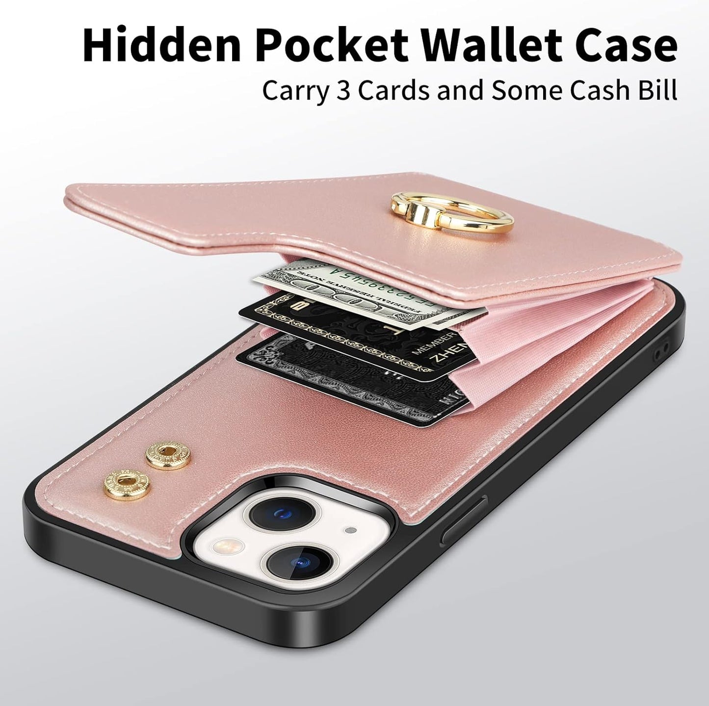 Vunake for iPhone 13 Case with Card Holder Wallet Case with Ring Kickstand PU Leather Phone Case for Women Girls TPU Shockproof Bumper Case RFID Blocking Protective Case Cover for iPhone 13-Rosegold