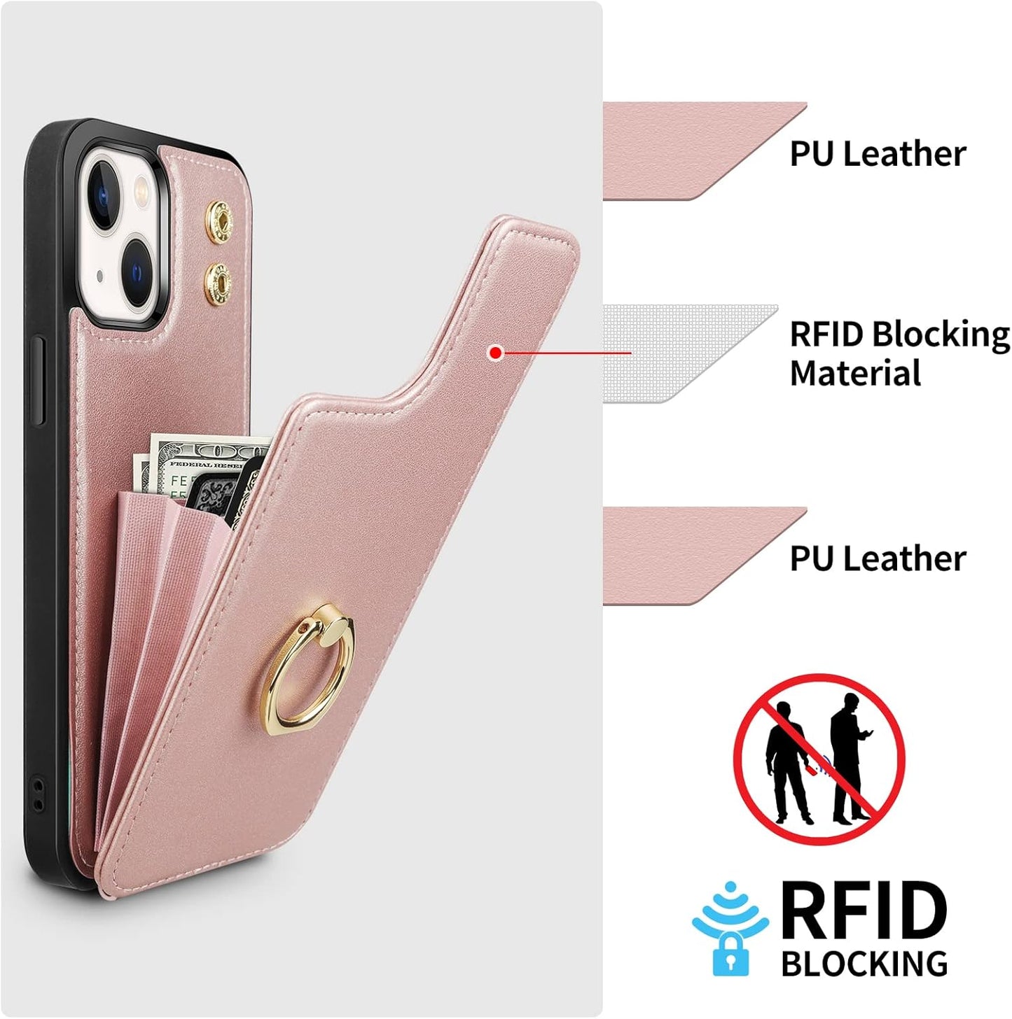 Vunake for iPhone 13 Case with Card Holder Wallet Case with Ring Kickstand PU Leather Phone Case for Women Girls TPU Shockproof Bumper Case RFID Blocking Protective Case Cover for iPhone 13-Rosegold