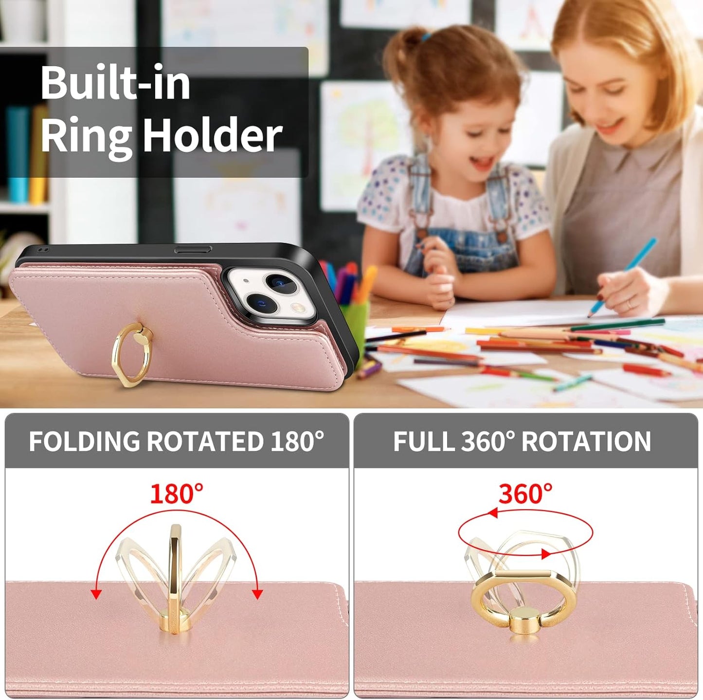 Vunake for iPhone 13 Case with Card Holder Wallet Case with Ring Kickstand PU Leather Phone Case for Women Girls TPU Shockproof Bumper Case RFID Blocking Protective Case Cover for iPhone 13-Rosegold