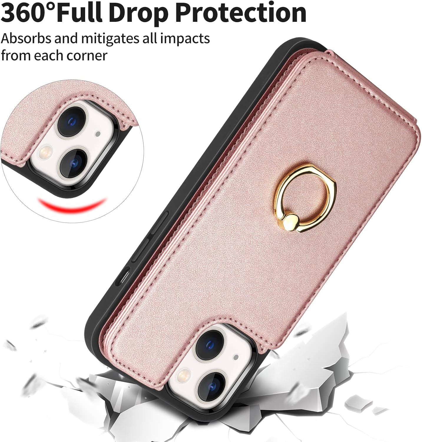 Vunake for iPhone 13 Case with Card Holder Wallet Case with Ring Kickstand PU Leather Phone Case for Women Girls TPU Shockproof Bumper Case RFID Blocking Protective Case Cover for iPhone 13-Rosegold