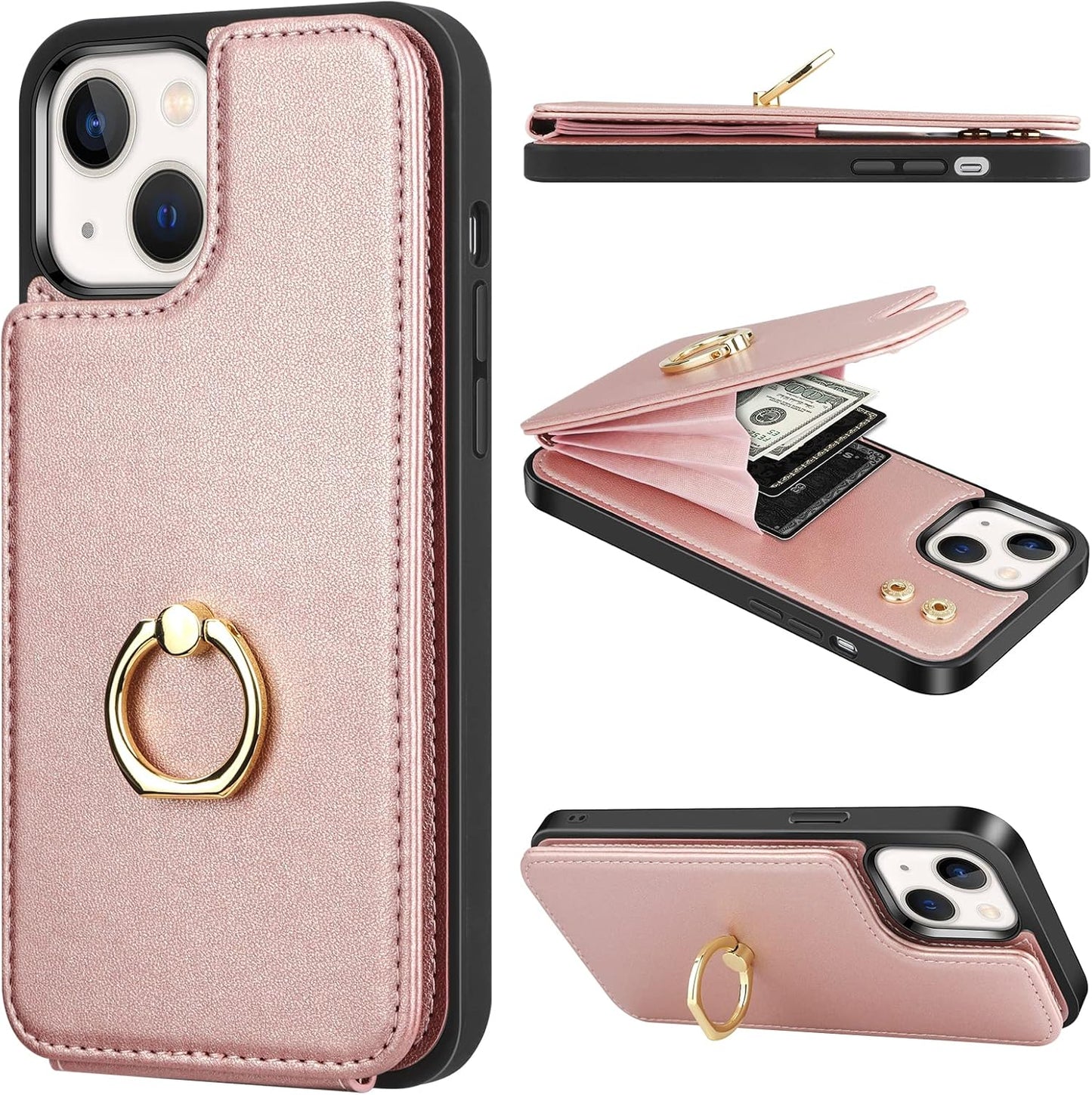 Vunake for iPhone 13 Case with Card Holder Wallet Case with Ring Kickstand PU Leather Phone Case for Women Girls TPU Shockproof Bumper Case RFID Blocking Protective Case Cover for iPhone 13-Rosegold