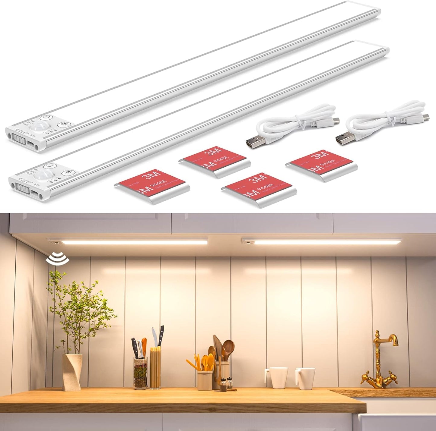 40CM × 2PCS Under Cabinet Kitchen Lights with Motion Sensor, 2200mAh USB Rechargeable, 138 LEDs Kitchen Under Cupboard Lighting Dimmable Without Cable, 3000K/4000K/5000K for Wardrobe Lighting