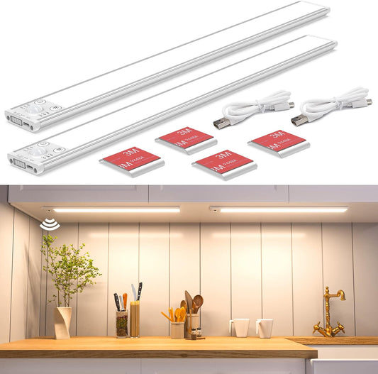 40CM × 2PCS Under Cabinet Kitchen Lights with Motion Sensor, 2200mAh USB Rechargeable, 138 LEDs Kitchen Under Cupboard Lighting Dimmable Without Cable, 3000K/4000K/5000K for Wardrobe Lighting
