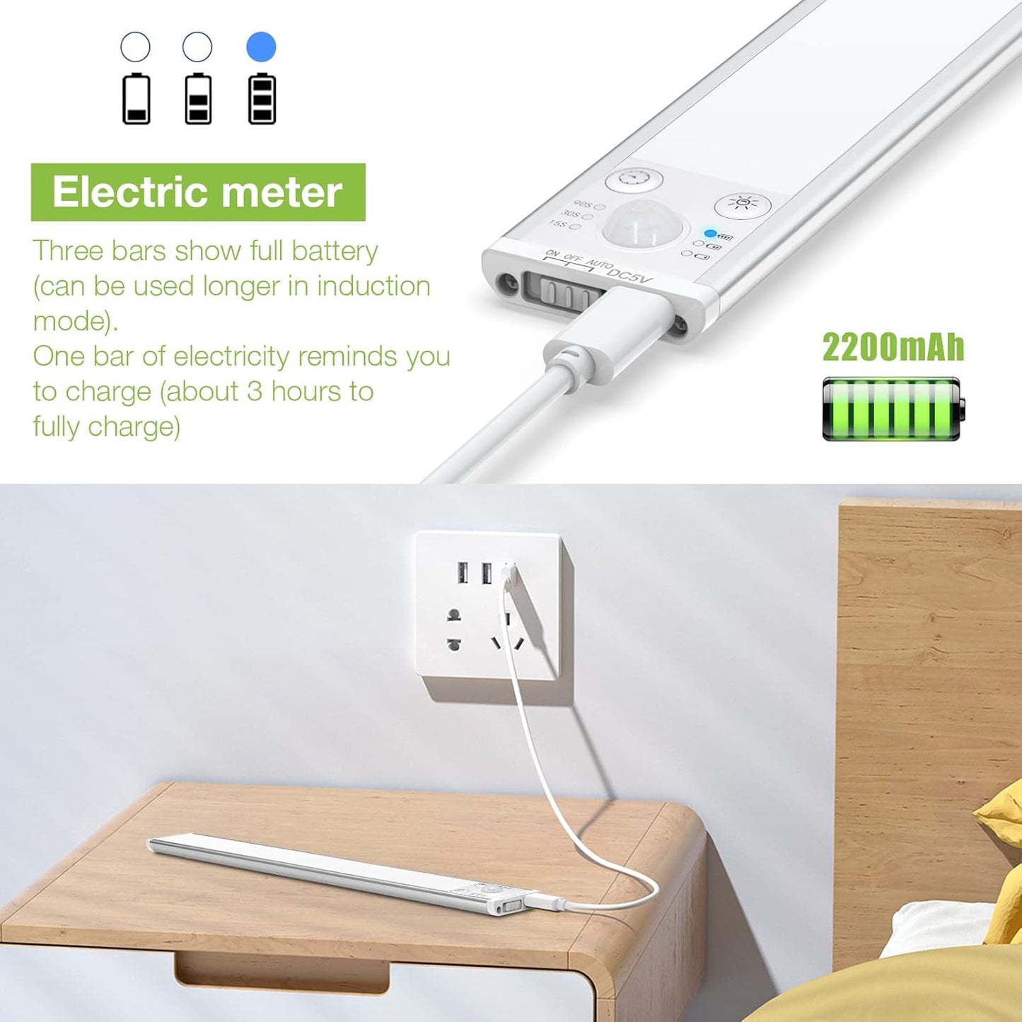 40CM × 2PCS Under Cabinet Kitchen Lights with Motion Sensor, 2200mAh USB Rechargeable, 138 LEDs Kitchen Under Cupboard Lighting Dimmable Without Cable, 3000K/4000K/5000K for Wardrobe Lighting