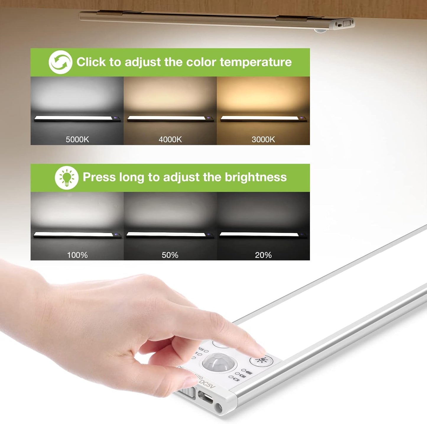 40CM × 2PCS Under Cabinet Kitchen Lights with Motion Sensor, 2200mAh USB Rechargeable, 138 LEDs Kitchen Under Cupboard Lighting Dimmable Without Cable, 3000K/4000K/5000K for Wardrobe Lighting