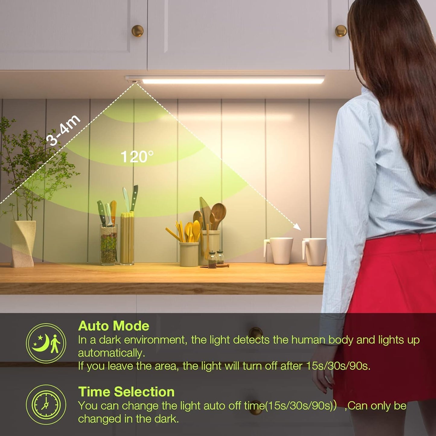 40CM × 2PCS Under Cabinet Kitchen Lights with Motion Sensor, 2200mAh USB Rechargeable, 138 LEDs Kitchen Under Cupboard Lighting Dimmable Without Cable, 3000K/4000K/5000K for Wardrobe Lighting