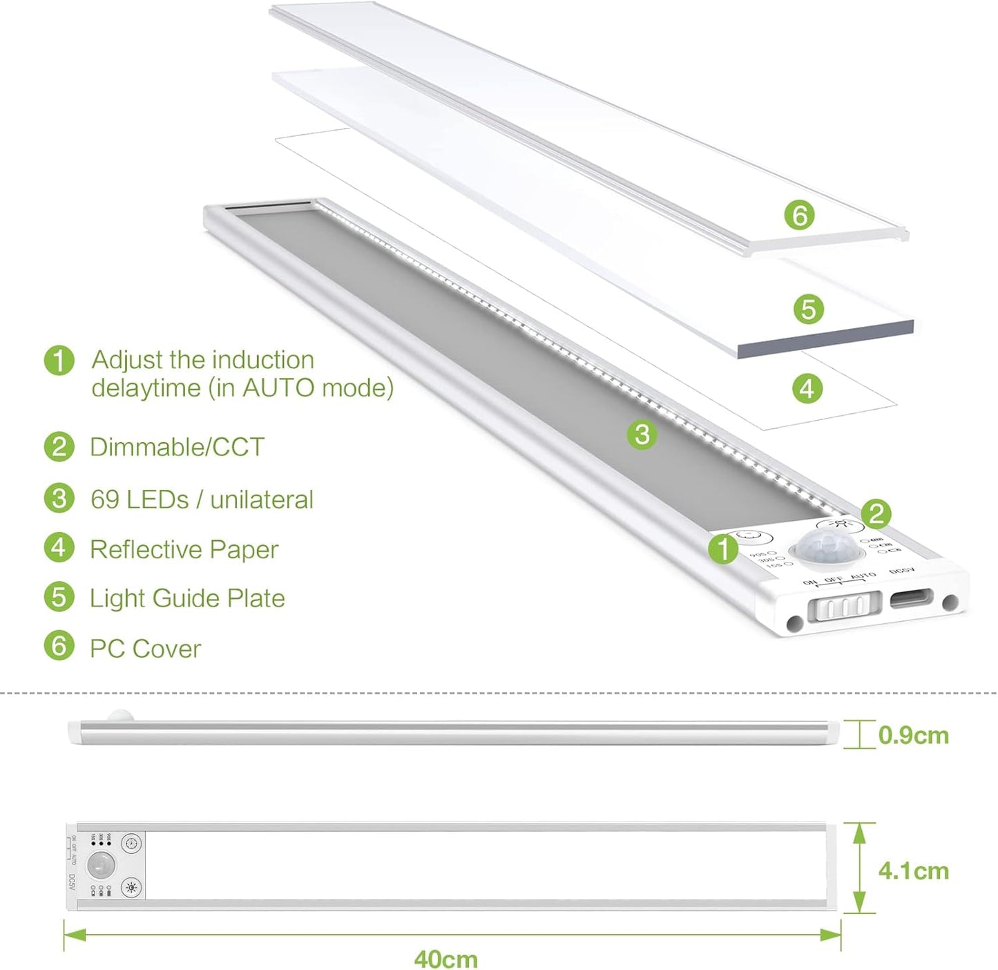 40CM × 2PCS Under Cabinet Kitchen Lights with Motion Sensor, 2200mAh USB Rechargeable, 138 LEDs Kitchen Under Cupboard Lighting Dimmable Without Cable, 3000K/4000K/5000K for Wardrobe Lighting