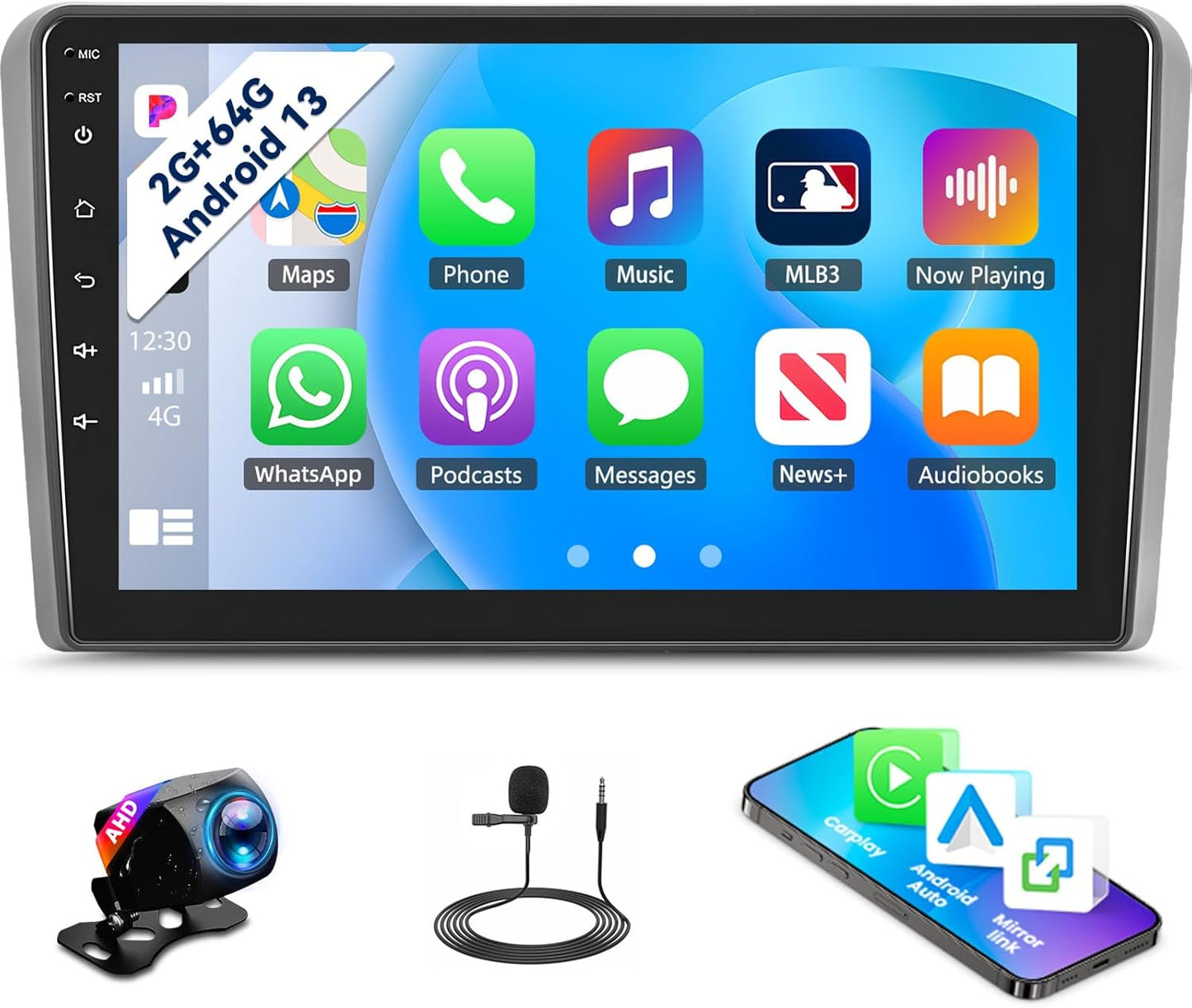 Android 13 2G+64G Car Radio for Audi A3 2008-2012, 9" Touchscreen Car Stereo with Wireless Carplay Android Auto Bluetooth GPS Navi WiFi Mirror Link SWC+ Backup Camera Mirror Link