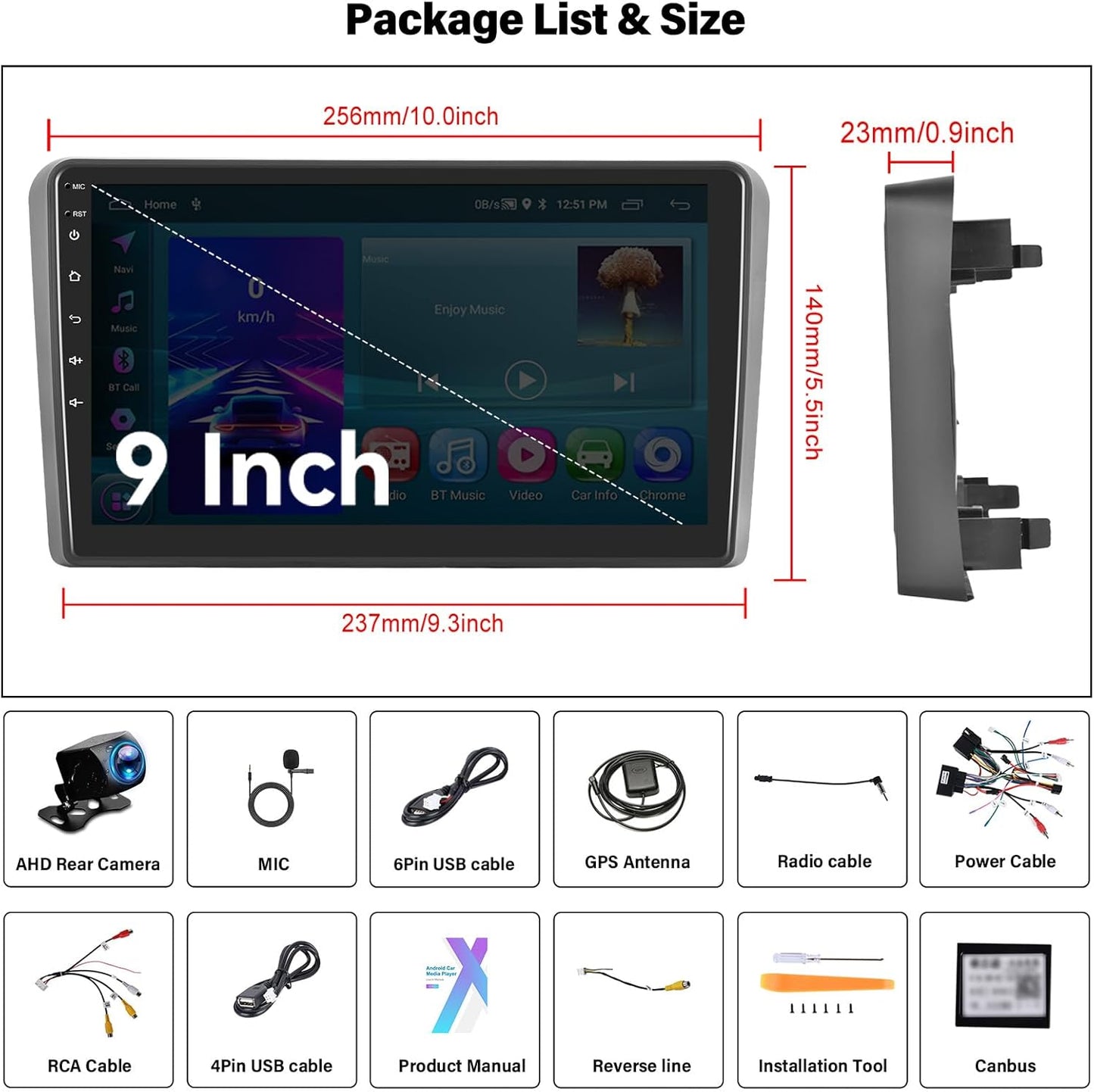 Android 13 2G+64G Car Radio for Audi A3 2008-2012, 9" Touchscreen Car Stereo with Wireless Carplay Android Auto Bluetooth GPS Navi WiFi Mirror Link SWC+ Backup Camera Mirror Link