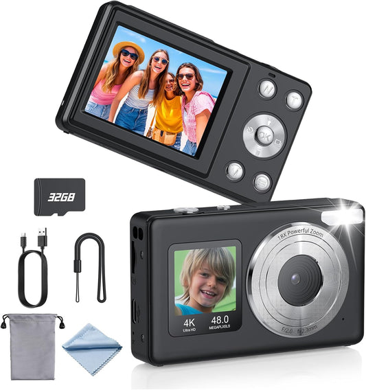 4K 48MP Compact Digital Camera Vintage 18X Zoom Autofocus Portable Travel Camera| 32G SD Card|PC Transfer |Selfie Screen for Vlogging,Photography,Gift for Beginner,Kids,Teens,Students-Black