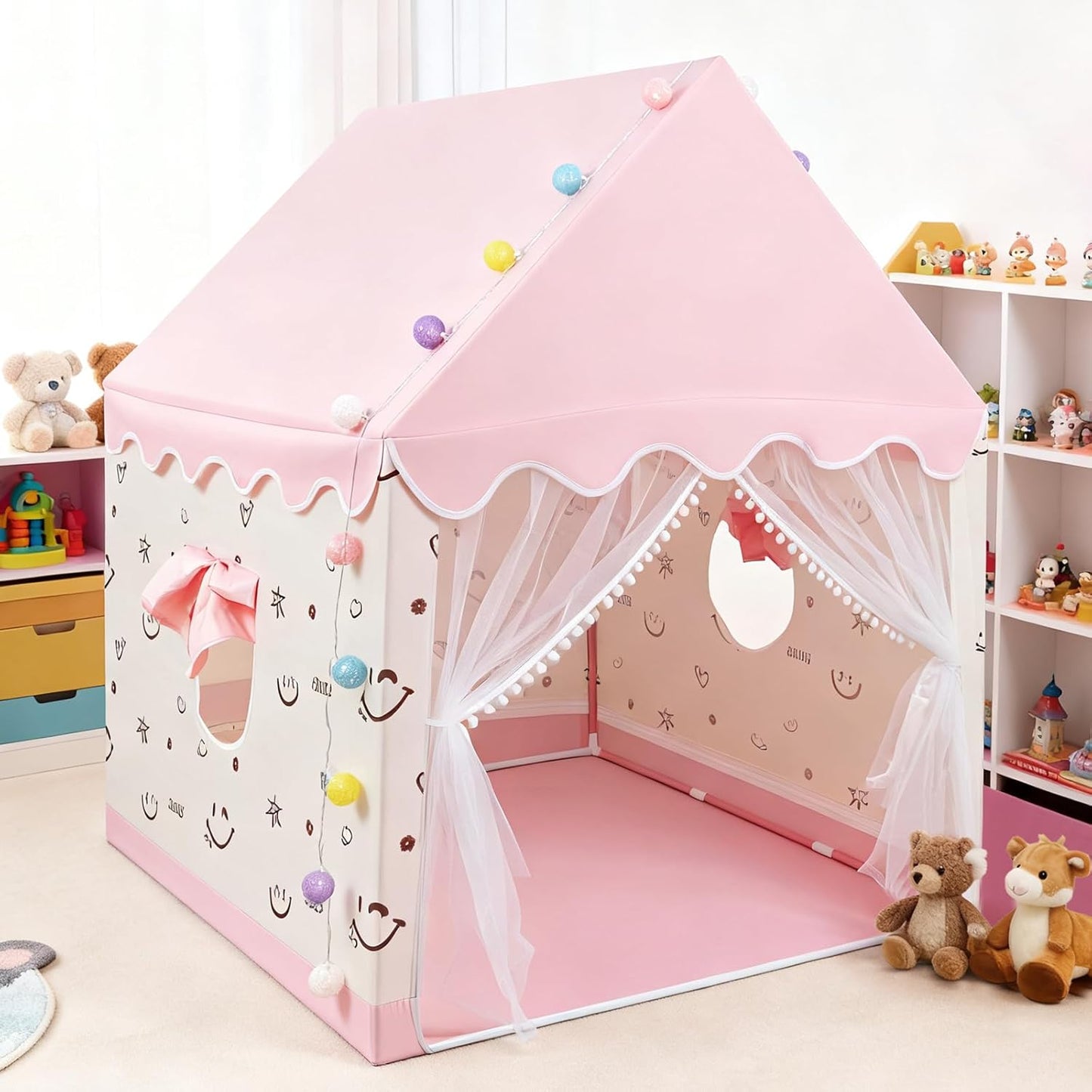 Kids Playhouse Tent with Lights & Windows Portable Play Tents for Toddlers Pink Large Wendy House for Girls Kid Den Toy House Gift for 3-12 years old -120 L x 100 W x 130 H cm