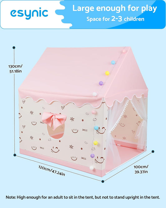 Kids Playhouse Tent with Lights & Windows Portable Play Tents for Toddlers Pink Large Wendy House for Girls Kid Den Toy House Gift for 3-12 years old -120 L x 100 W x 130 H cm