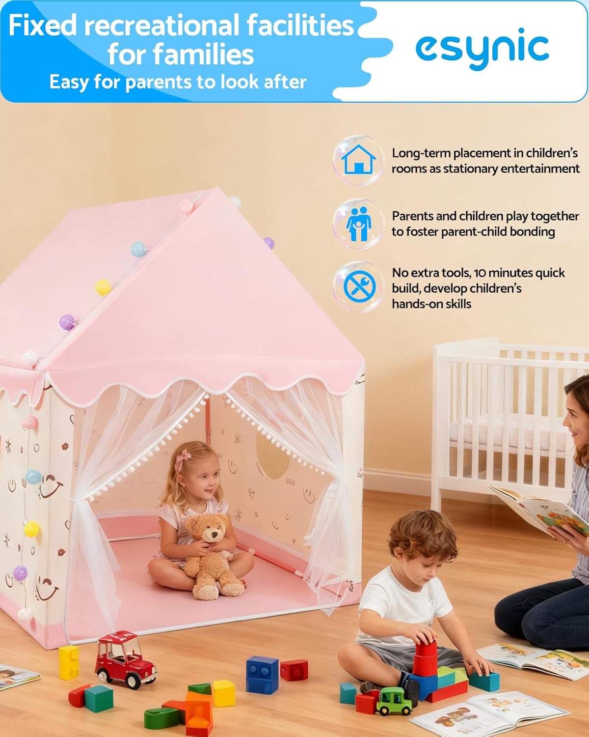 Kids Playhouse Tent with Lights & Windows Portable Play Tents for Toddlers Pink Large Wendy House for Girls Kid Den Toy House Gift for 3-12 years old -120 L x 100 W x 130 H cm