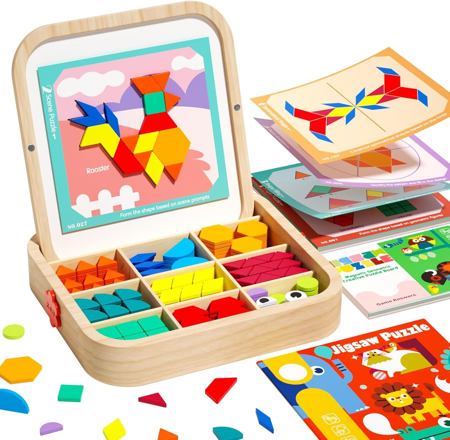 Wooden Magnetic Pattern Blocks Set with Cards, 288 PCS Montessori Tangram Puzzle Learning Toys for Toddlers 4-8, Educational STEM Gift for Kids Boys Girls 4 5 6 7 8