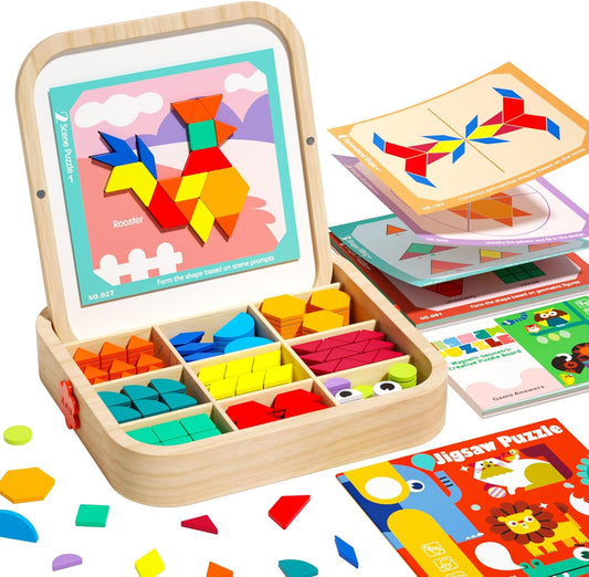 Wooden Magnetic Pattern Blocks Set with Cards, 288 PCS Montessori Tangram Puzzle Learning Toys for Toddlers 4-8, Educational STEM Gift for Kids Boys Girls 4 5 6 7 8