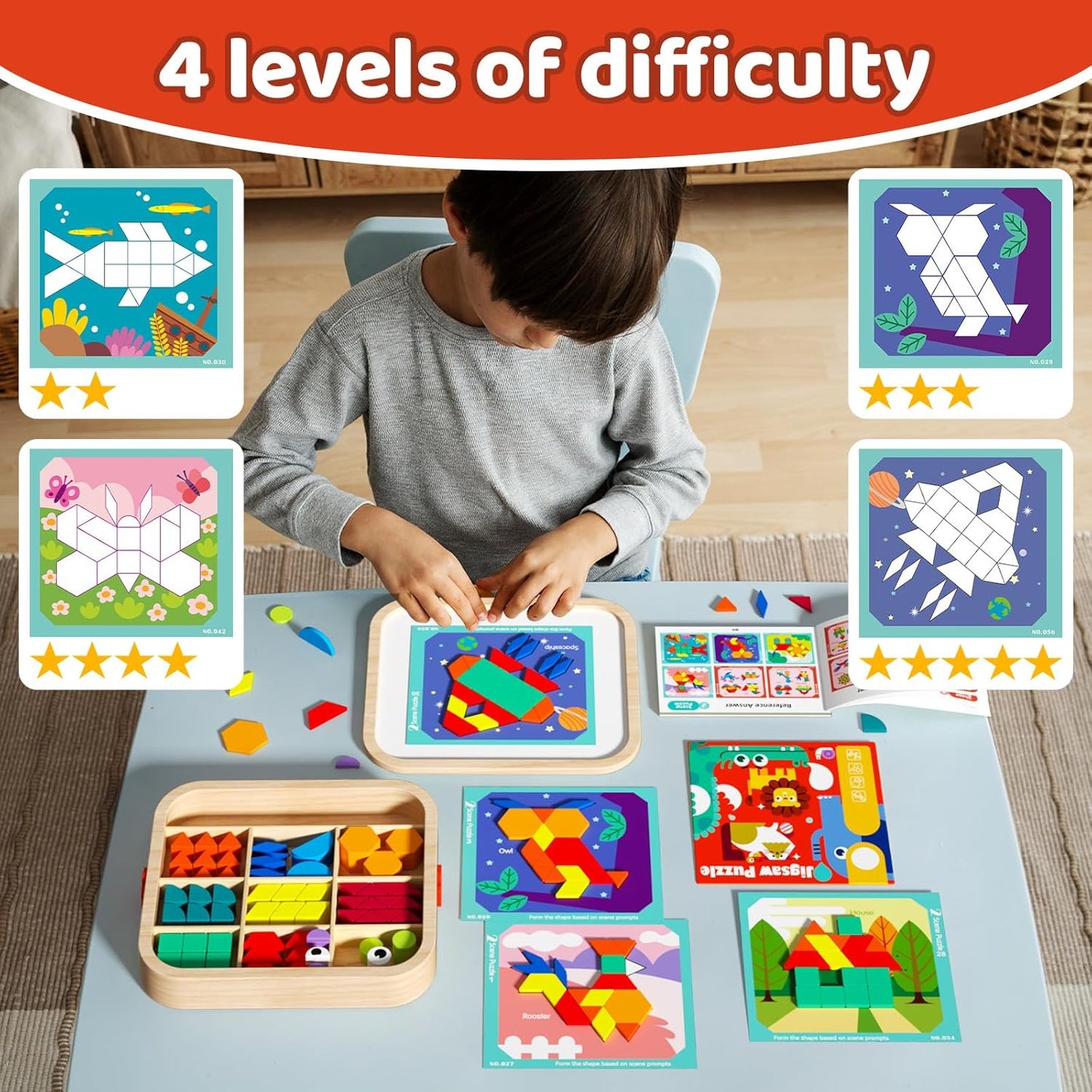 Wooden Magnetic Pattern Blocks Set with Cards, 288 PCS Montessori Tangram Puzzle Learning Toys for Toddlers 4-8, Educational STEM Gift for Kids Boys Girls 4 5 6 7 8