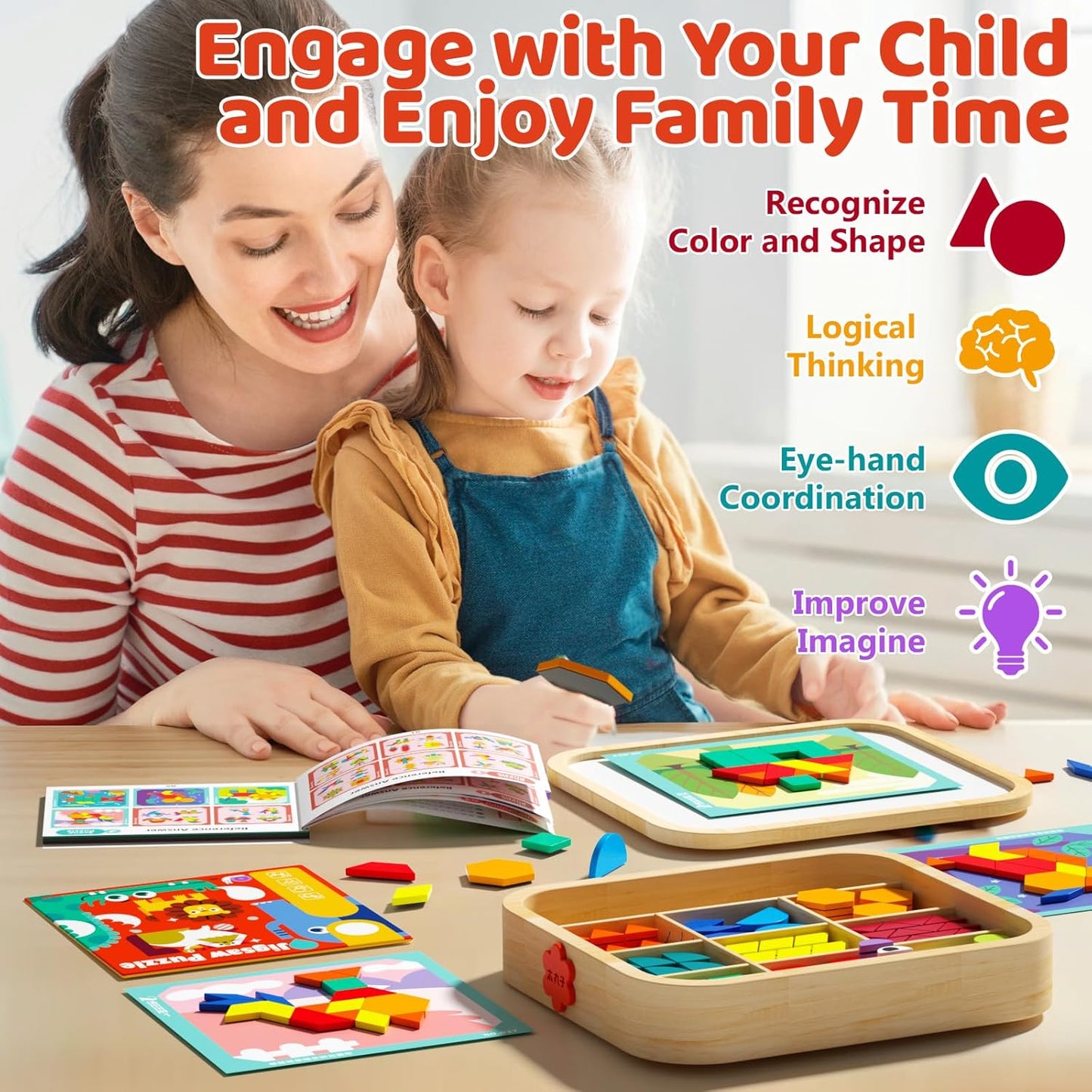 Wooden Magnetic Pattern Blocks Set with Cards, 288 PCS Montessori Tangram Puzzle Learning Toys for Toddlers 4-8, Educational STEM Gift for Kids Boys Girls 4 5 6 7 8