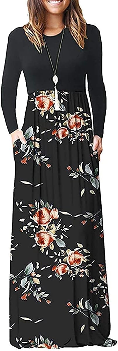 medium Women Long Sleeve Loose Plain Maxi Dresses Casual Long Dresses with Pockets (M, Rose Black)